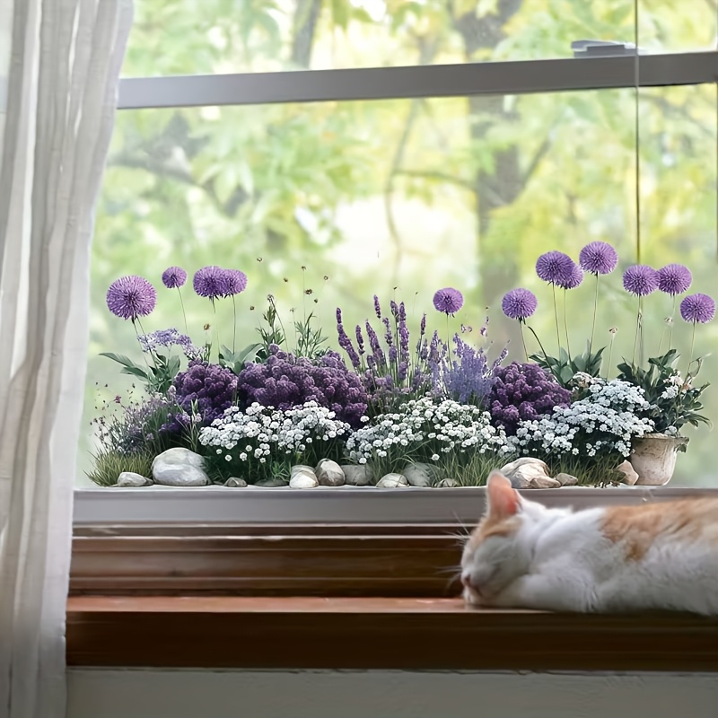 E-shop Lila Blumen Fensterfolie Selbstklebend Entfernbare PVC Glas Aufkleber, Wohnzimmer Schlafzimmer Esszimmer Arbeitszimmer Badezimmer Tür und