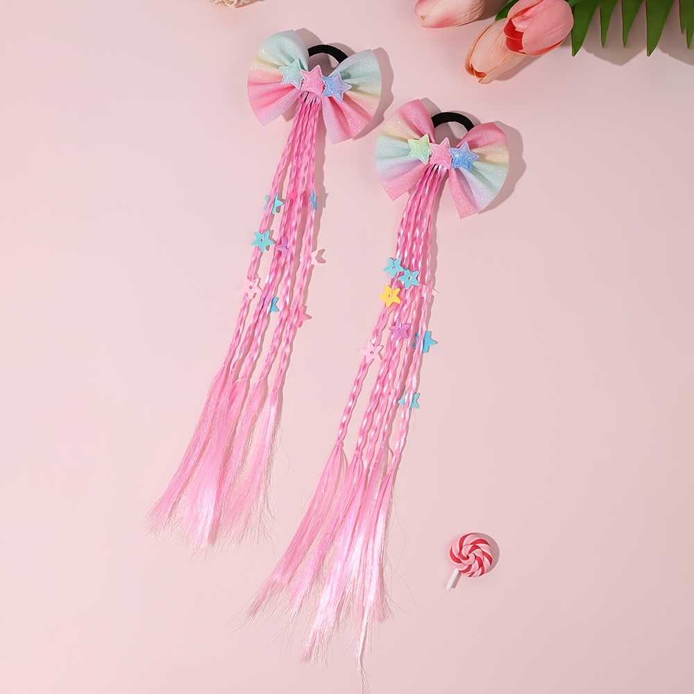 TEMU 2pcs Princess Glitter Bow Braided Wig Hair Ties With Long Tassel, Colorful Star Floral Pendant Fake Braid Ponytail Scrunchies, Soft Synthetic