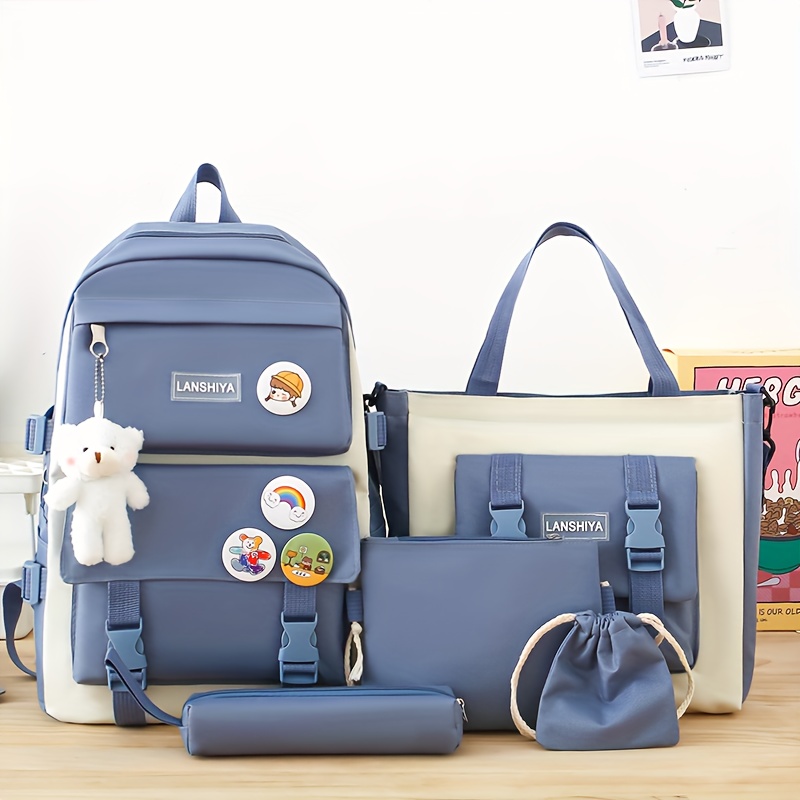 

5pcs/set, New Backpack, Simple Casual Travel Backpack, Large Capacity School Bag Travel Bag, Canvas Shoulder Bag For Students