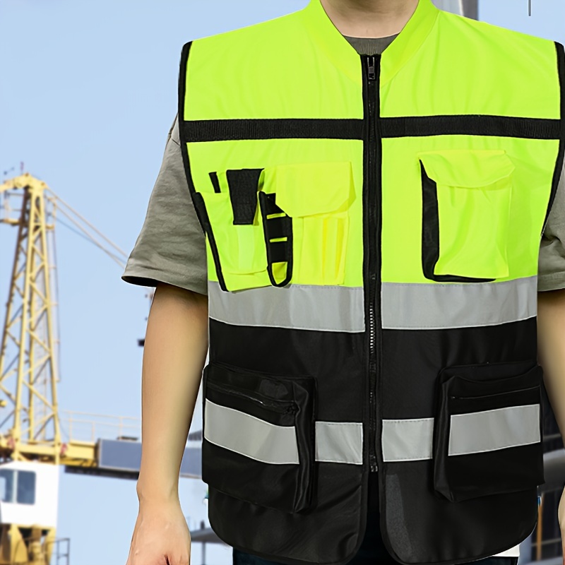 TEMU Green/orange Color Block Highlight Reflective Vest Safety Suit Cycling Vest Reflective Vest Stand Collar Reflective Jacket Safety Suit Reflective Suit Labor Protection Supplies