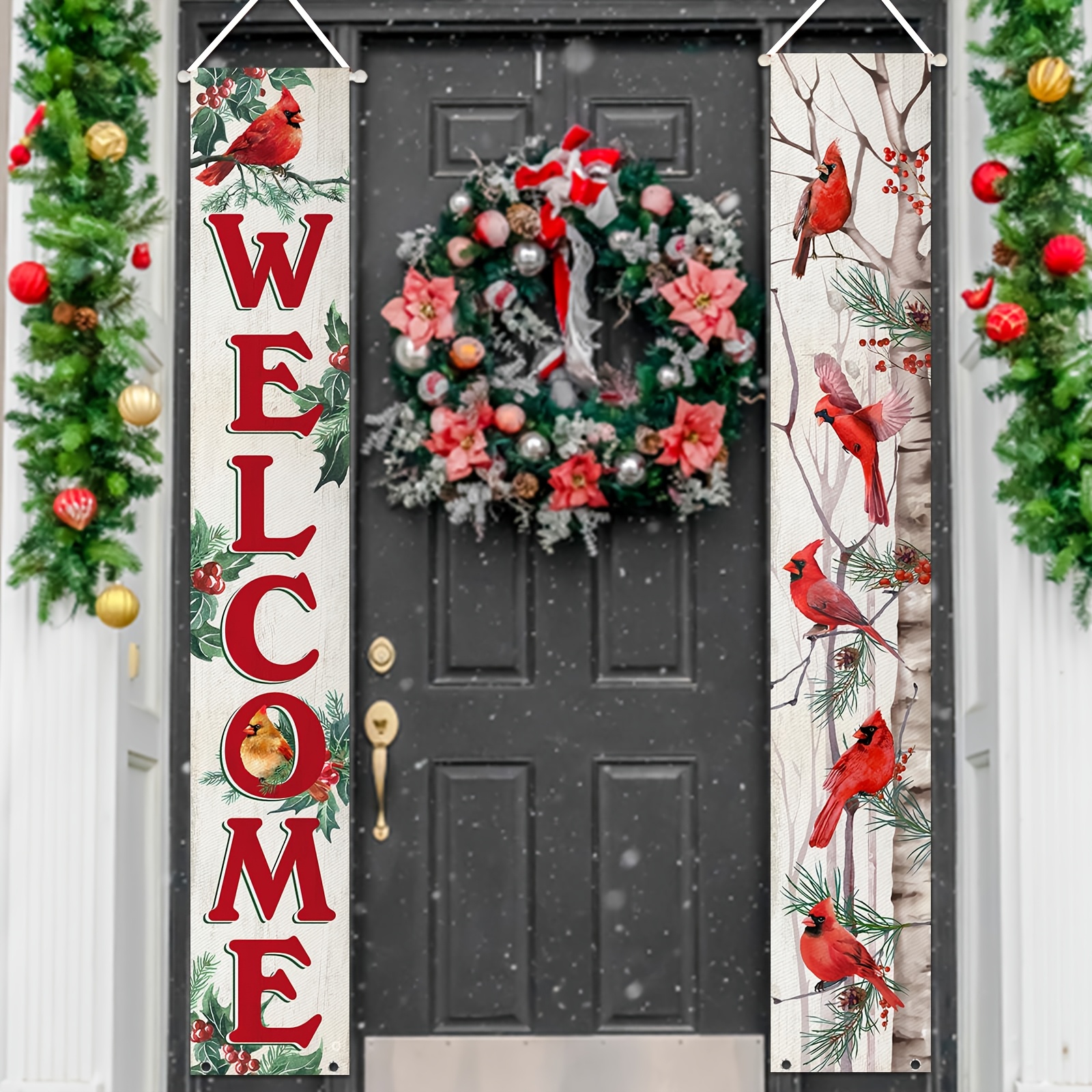 

1pc Festive Welcome Door Banner - Polyester Porch Sign With Red Birds & White Design, 79x18 Inches, Holiday Front Door Decor, Outdoor Hanging Flag For Christmas & Use