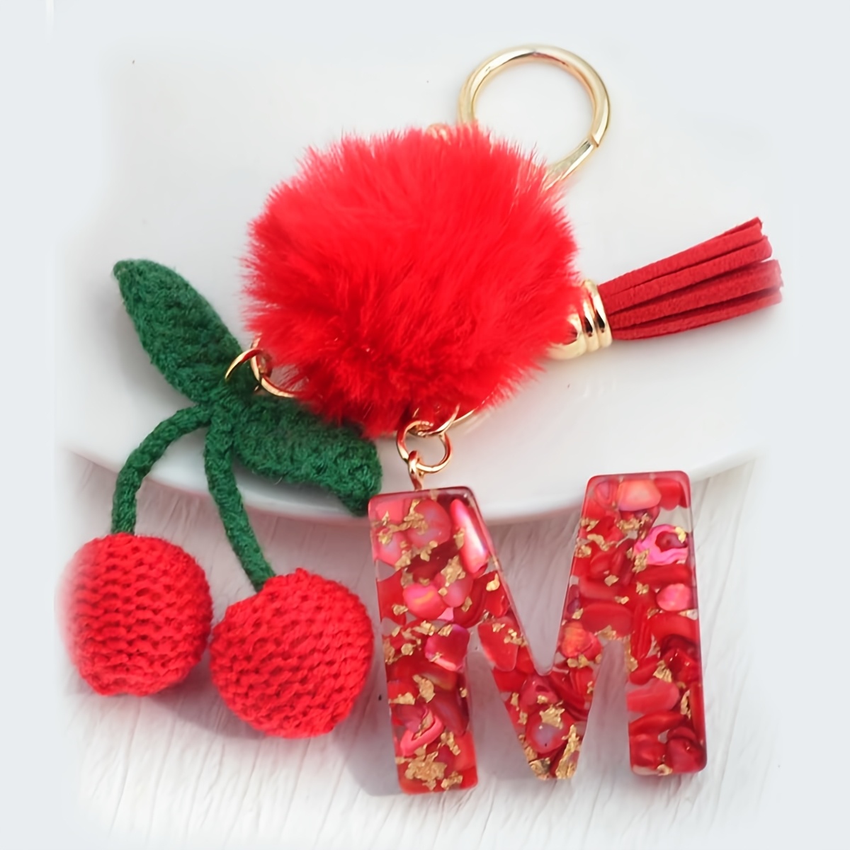 Image of 1pc Red Cute Initial Keychain With Ball Cherry Tassel For Women, Ladies' Backpack Handbag Key Ring, Best Friend Valentine's Day Gift