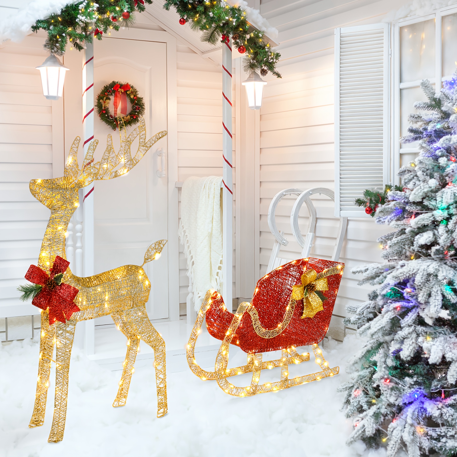 

4ft Golden Single Deer Sleigh - Steel Outdoor Christmas Elk Decoration, Usb Powered