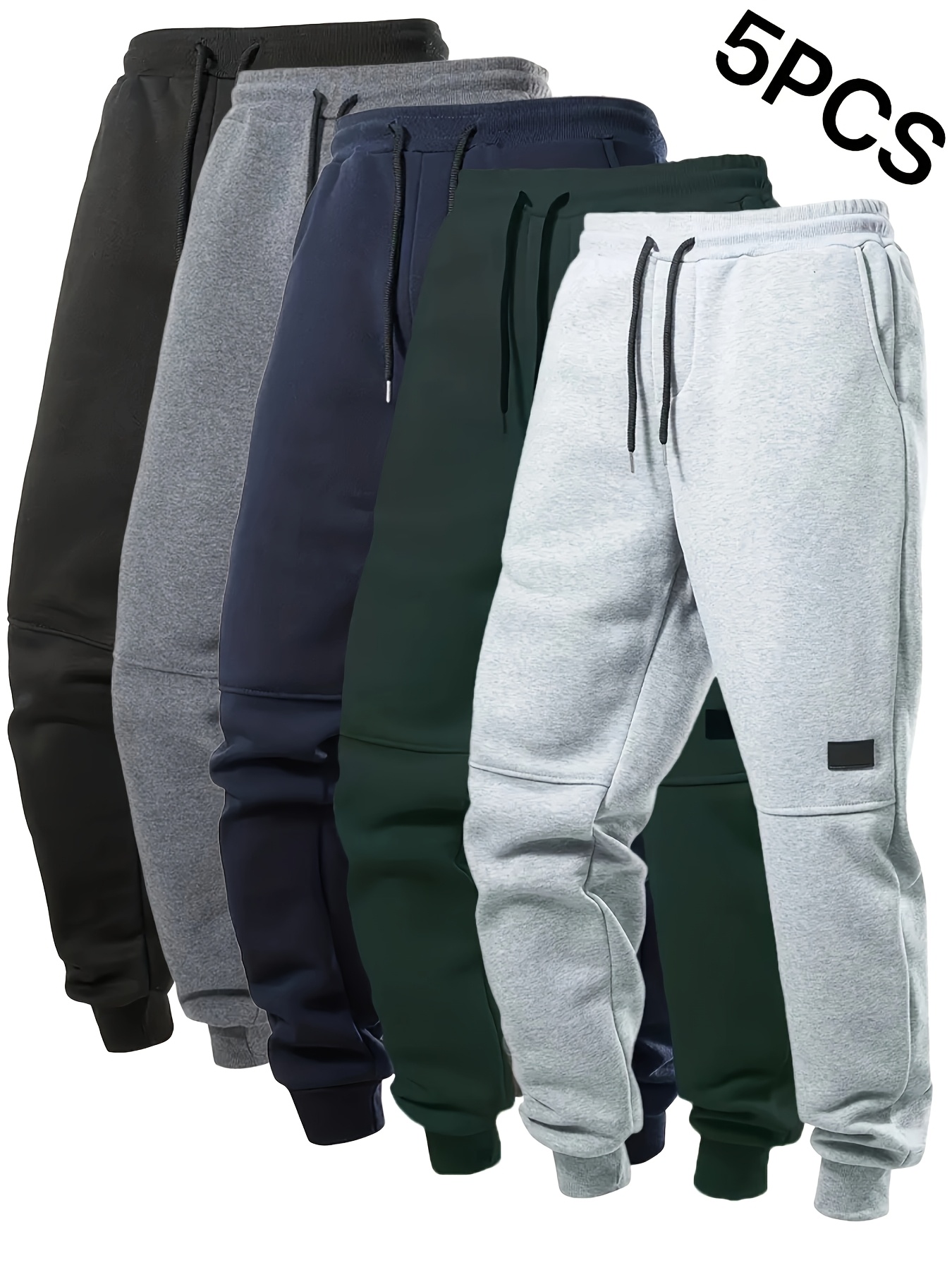 5pcs Men's Fleece Lined Solid Jogger Sweatpants With Drawstring, Casual Warm Sporty Trousers As Gift