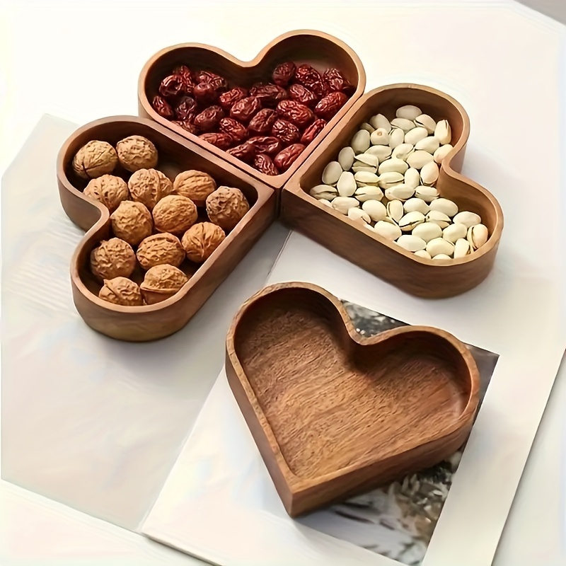 

1pc, Japanese-style Solid Wood Tray, Stackable Heart-shaped Nut And Dry Fruit Server, Creative Walnut Color, Love-shaped Wooden Platter, Kitchen Supplies
