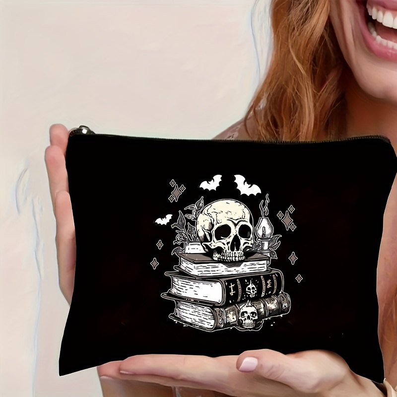 

1pc, Gothic Skull & Books Print Cosmetic Pouch, Zippered Makeup Bag, Travel Toiletry Organizer, Pen Case, Stationery Bag, Teacher Gift, Multi-functional, Lightweight Polyester 100%, Hand Washable, 9f