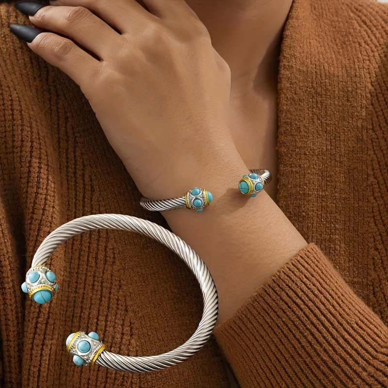 Women's Vintage Blue Synthetic Stone Open Bangle Bracelet, Adjustable