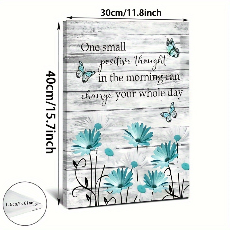 TEMU 2D Plat, 1 Pièce Toile Encadrée en Bois Marguerite Papillon Affiche Toile Marguerite Bleu Vert et Papillon sur Impression Rustique Peinture