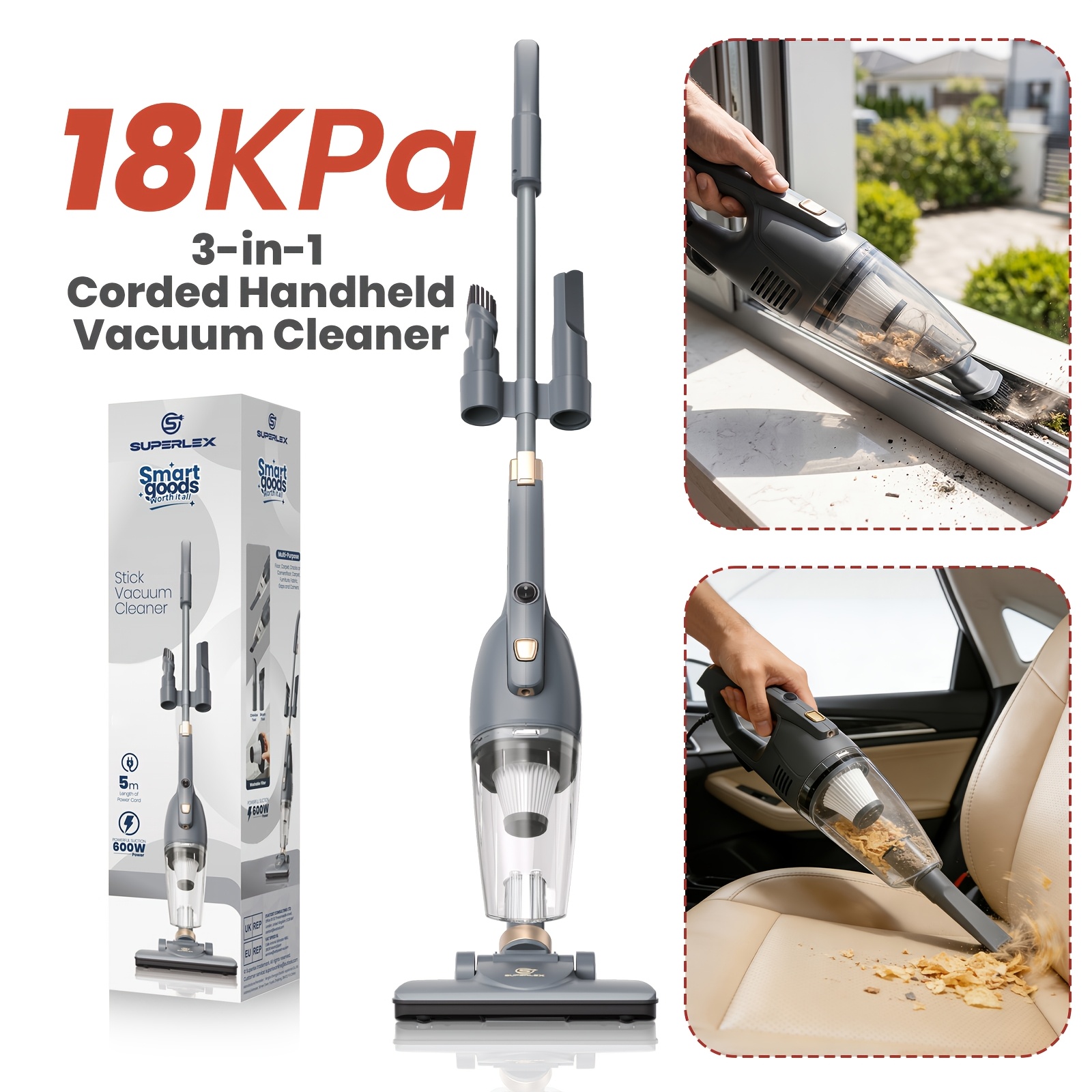 TEMU Superlex Lightweight Vacuum Cleaner With Led Light | Powerful 18 Kpa Suction | For Apartments & Dorms | With Upholstery And Crevice Tool |