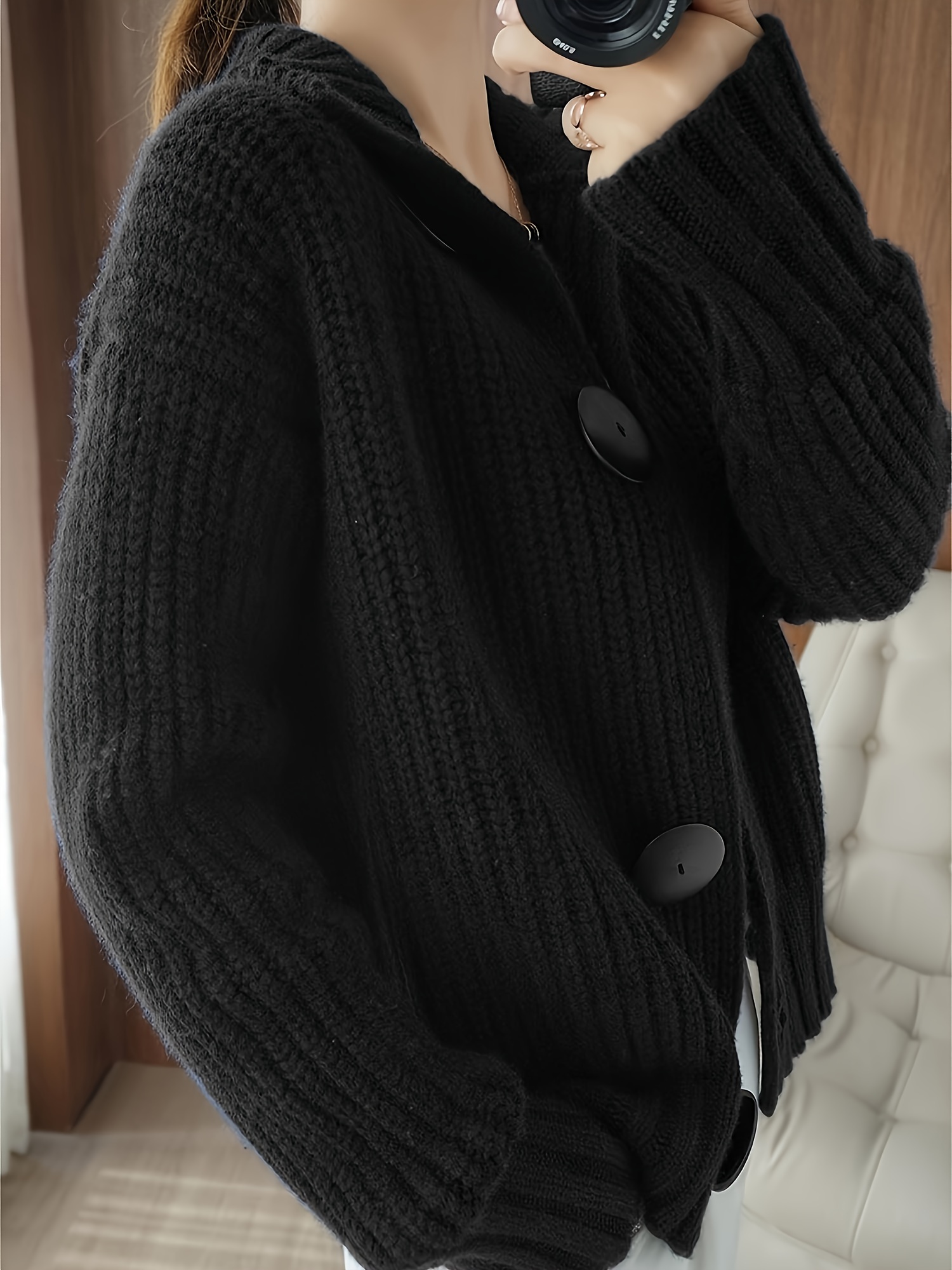 Women's Chunky Sweater High Neck Turtleneck with Large Black Buttons,  Loose Fit Design, Solid Color Pullover for Casual