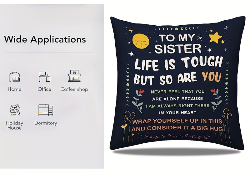 1pc   inspirational sister throw pillow cover 17 7x17 7 inch black polyester with zipper to my sister   tough message double sided print   home office decor machine washable insert not included details 3