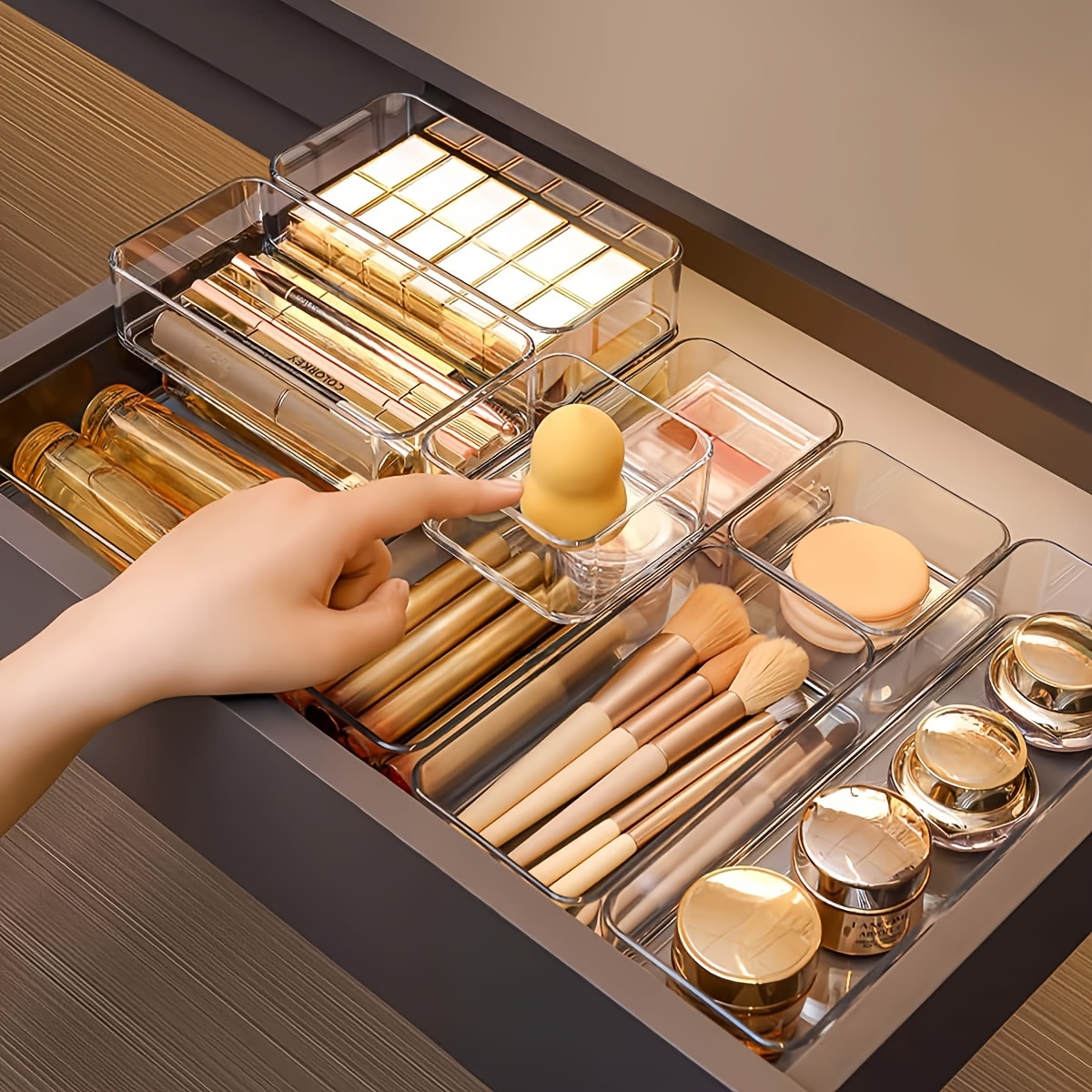 

5pcs Adjustable Plastic Drawer Organizer Set, Countertop Cosmetic Storage Boxes, Lightweight Makeup Organizer For Skincare And Makeup, Home Organization , No Electricity Needed