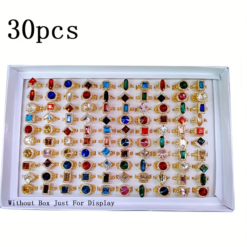 TEMU Set Of 30 Women's Chunky Vintage Rings Featuring Synthetic Glass Gemstones And - Vibrant Geometric , Perfect For Parties And As Gifts
