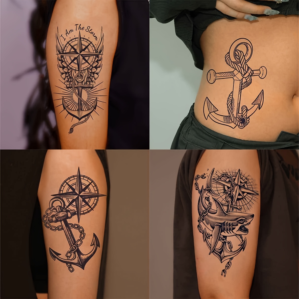 4pcs Herbal Temporary Tattoo Stickers - Large Anchor, Compass & Shark Designs, Waterproof & Sweatproof Arm Body Art For