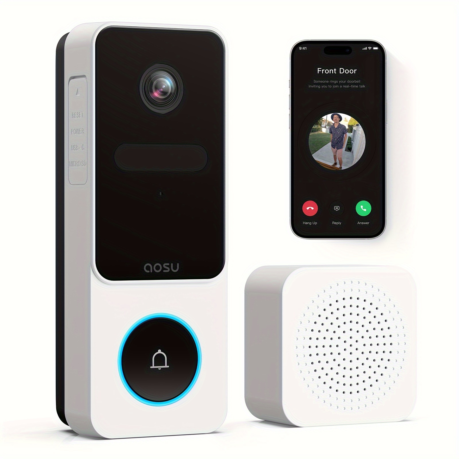 

Aosu Wireless Video Doorbell Camera - No Monthly Fee, 1920p Hd, View, Detection, Battery Powered With 4600mah, Ai & Pir Detection, 2-way , , & Assistant, In