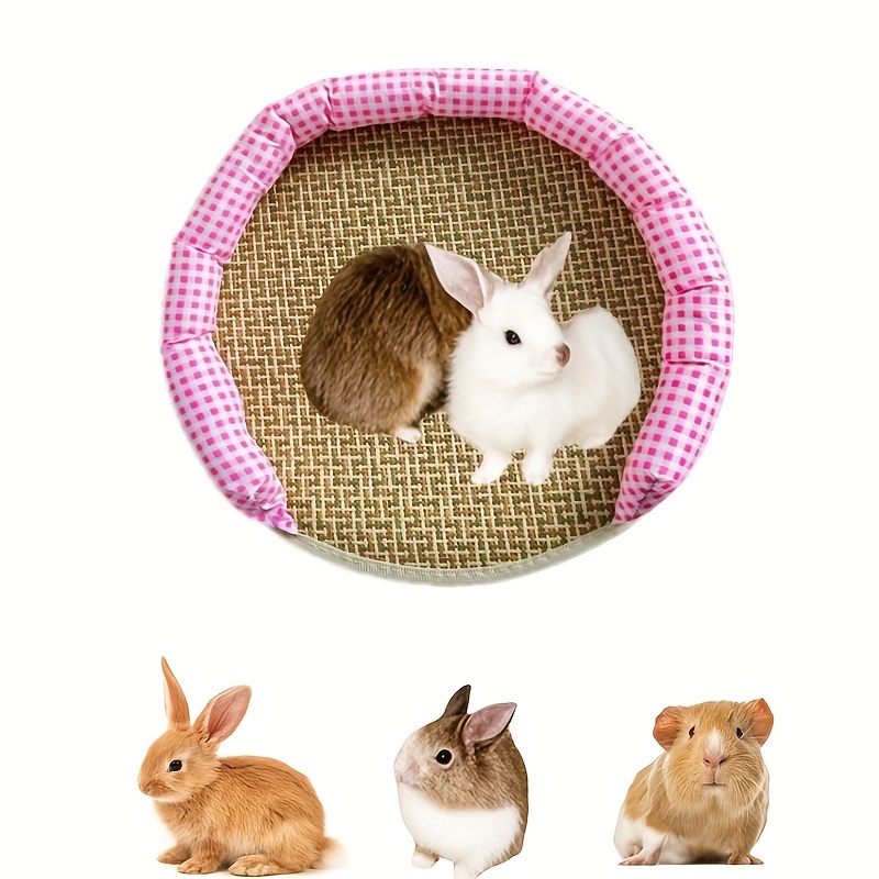 round breathable summer cooling pet bed for small animals durable polyester cushion with checkered floral patterns pink green grey indoor outdoor use for rabbits hamsters  