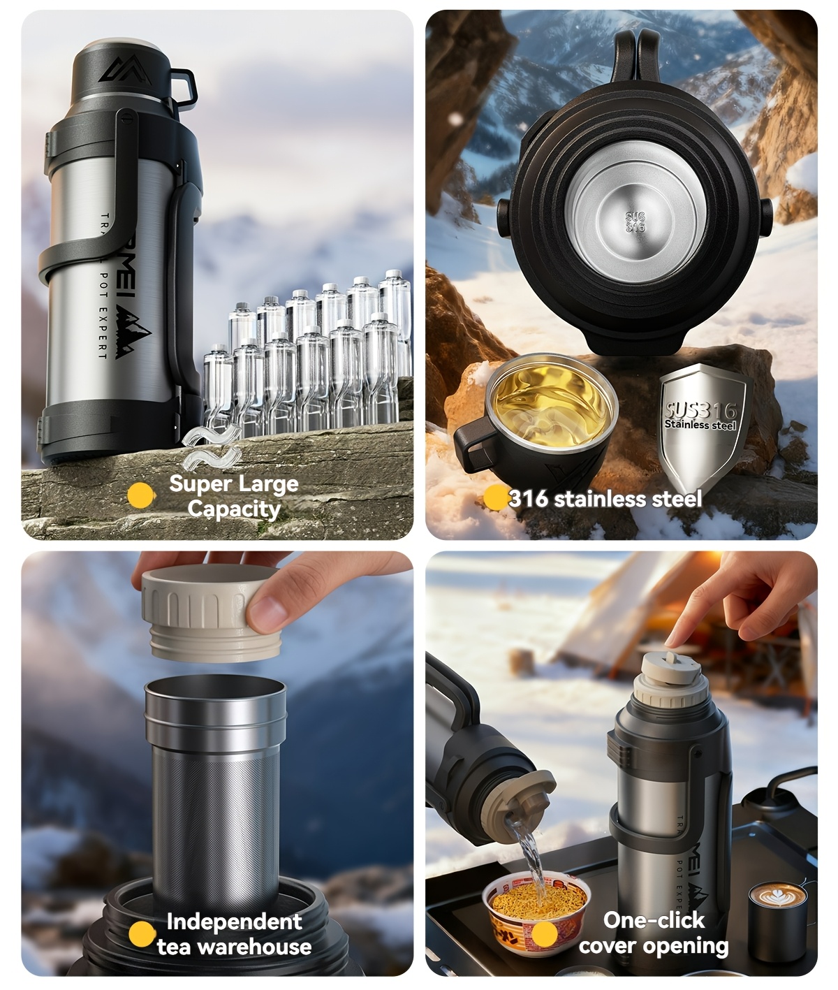 1 stainless steel large capacity in multiple sizes with a handle and cup lid featuring a tea storage compartment and maintaining temperature for suitable for outdoor use and camping Product details 3