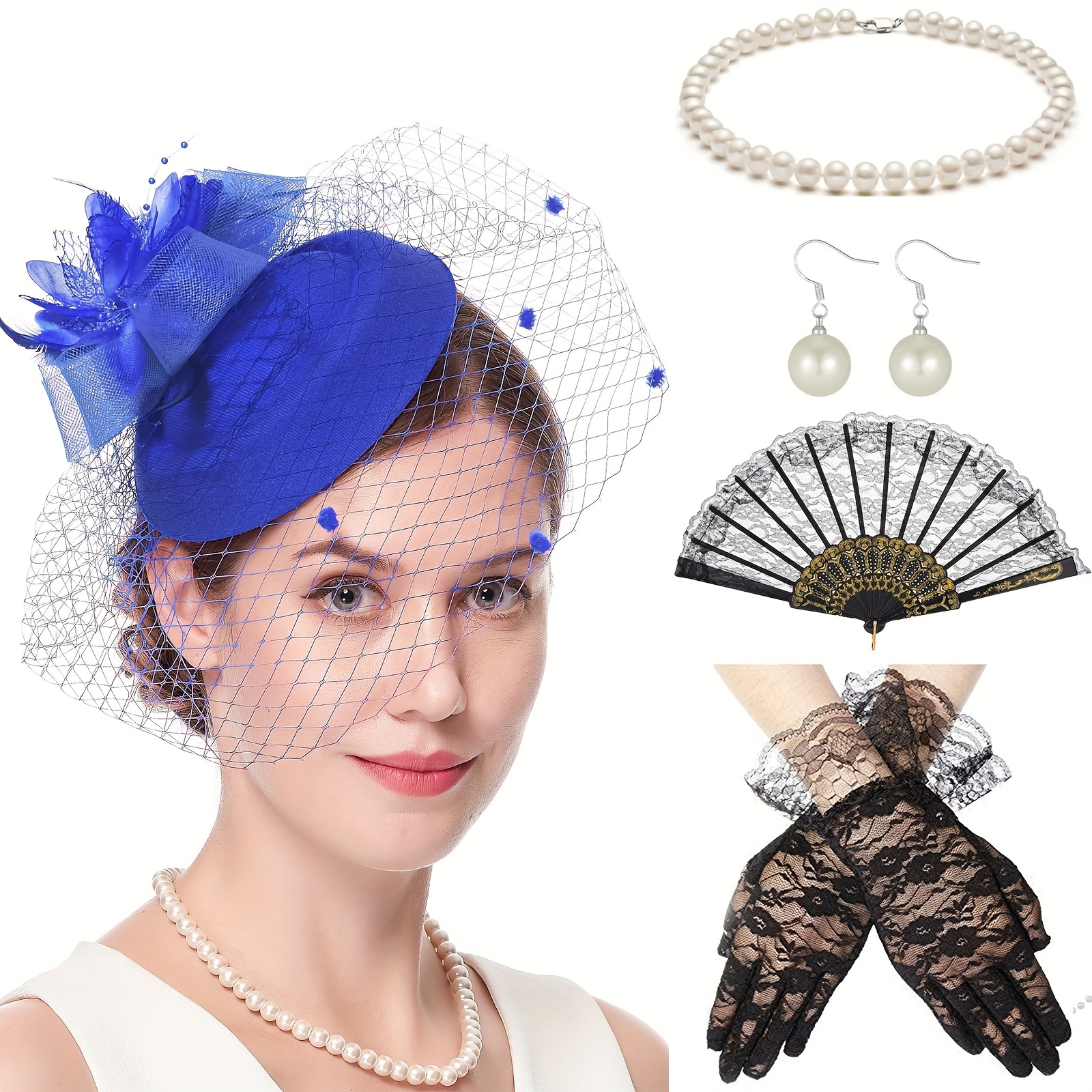 5 pieces fascinators hat for women headband tea party with short lace gloves