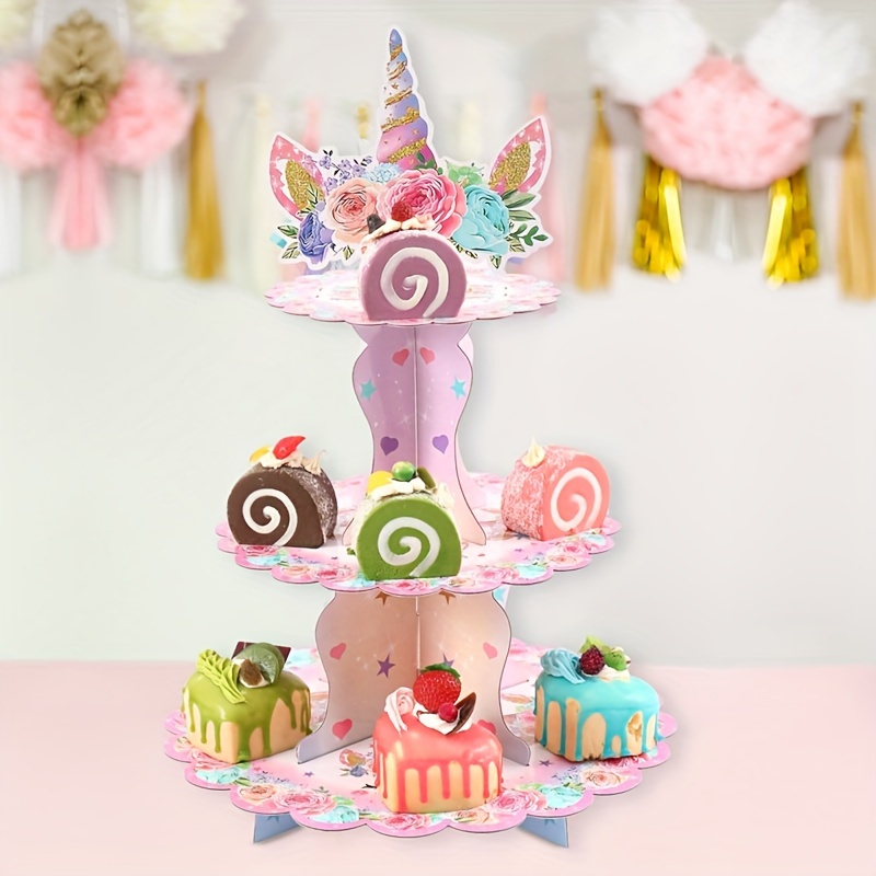 

Set, 3 Tier Unicorn Paper Cake Display Stand, 1st Birthday Party Cupcake Dessert Cake Rack Table Decor, Happy Birthday Party Decoration, Wedding Supplies