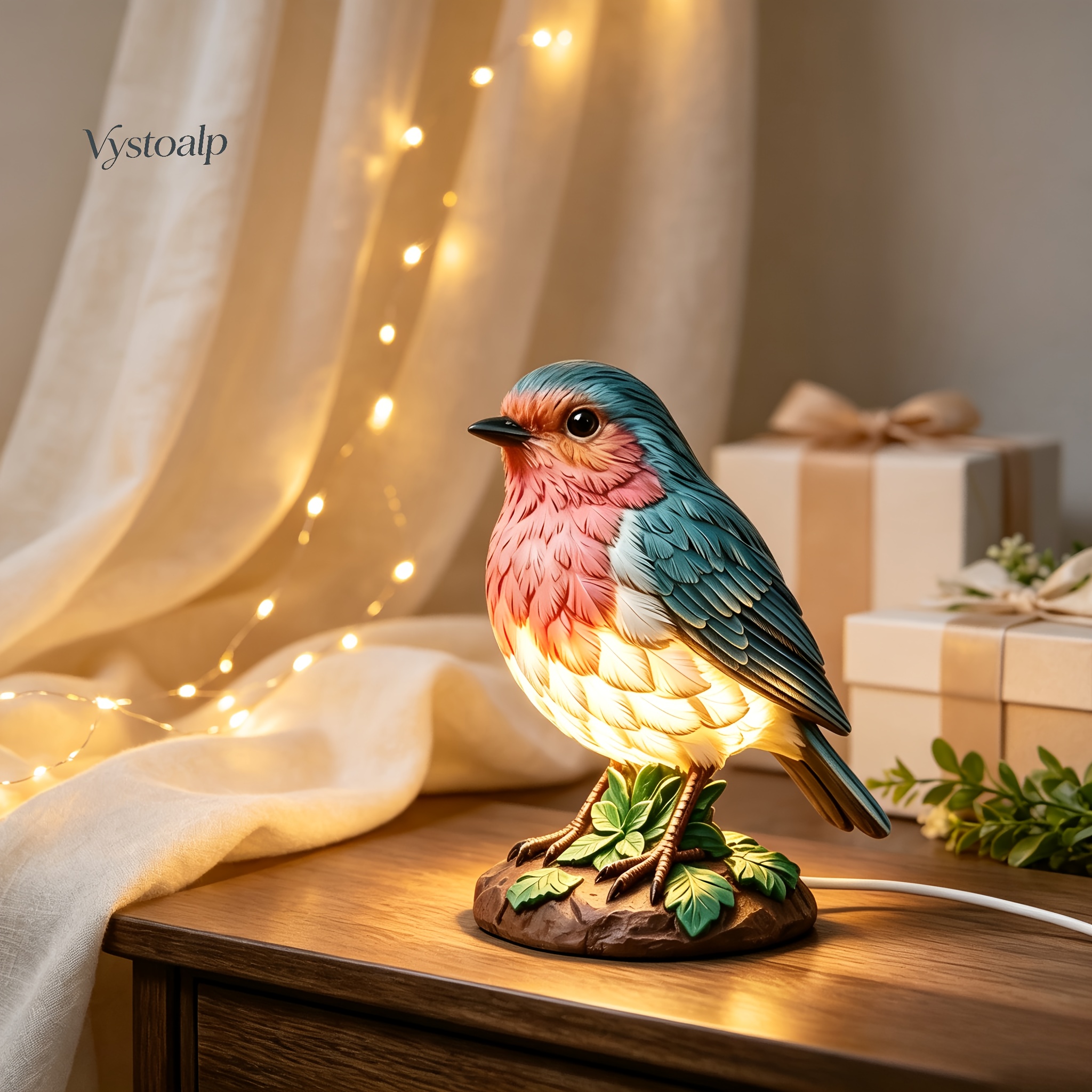 TEMU Glowing Robin Perch Nightlight, Usb Powered Bird Statue Lamp With Foliage Base, Warm Soft Light For Nightstand, Christmas Thanksgiving Decor