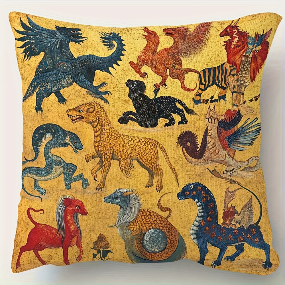 TEMU 1 Medieval Encyclopedia Fantasy Animal Decorative Pillowcase, Double-sided Short Plush, With A Mythological Creature Design In Golden, Red And