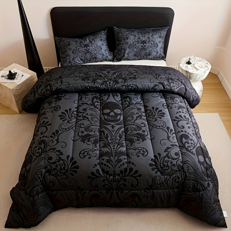 TEMU 2d Flat 3pcs Black Quilt Set (1 Comforter +2 Pillowcases Without Pillow Core), Contains Padding 180gsm Quilting Soft Digital Printing Bedroom