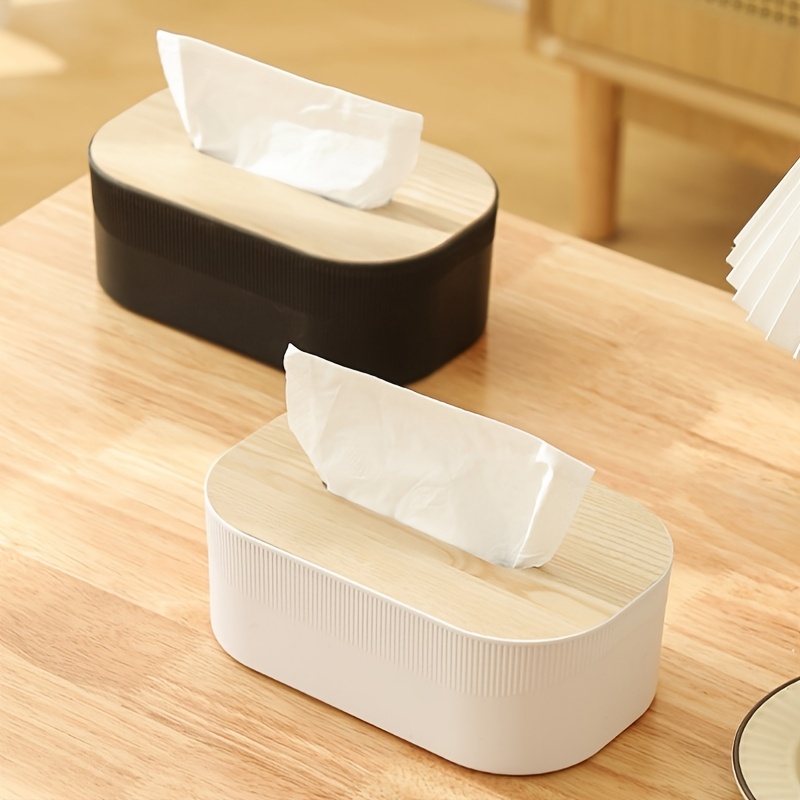 modern white black tissue box with lid durable plastic rectangular storage organizer with rounded edges decorative lid open   for bathroom living room office multi purpose napkin tissue storage space saving   decor in black white or brown compatible with tissues fits dressing table countertop decorative tissue box holder Product details 2