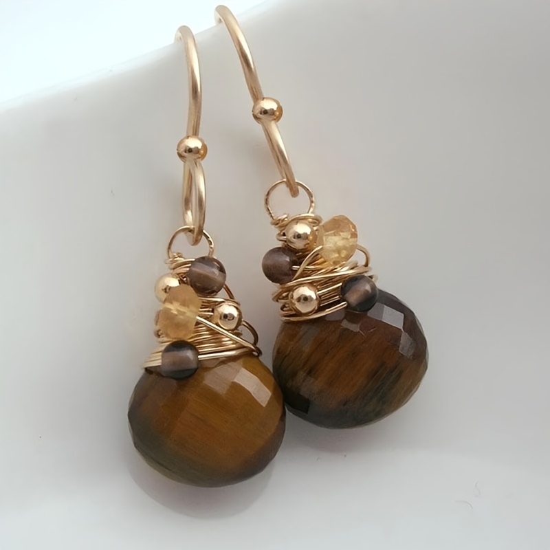 TEMU Pendientes de cuentas de piedra de tigre apiladas para mujer, pendientes hechos a