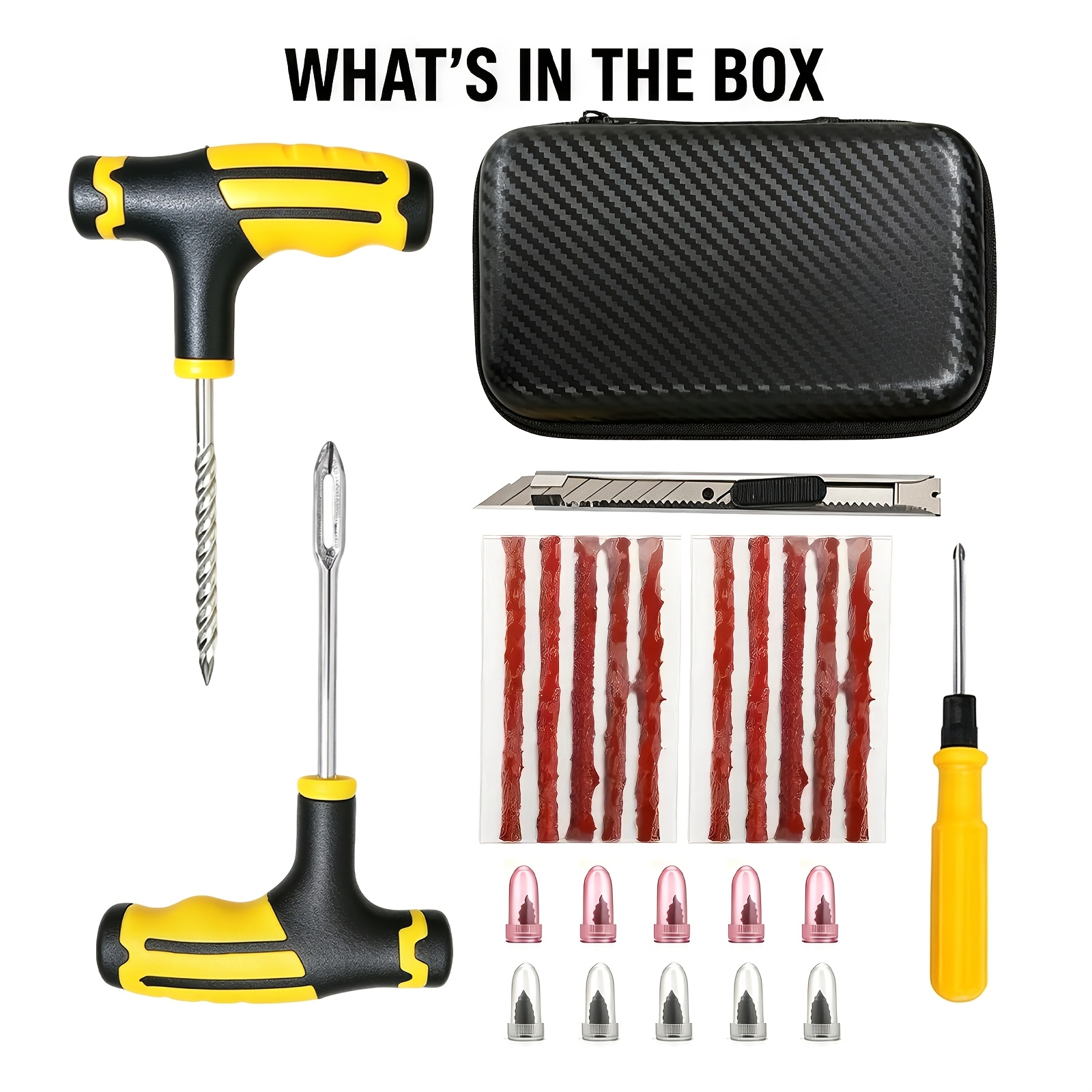 Heavy Duty Tubeless Tire Plug Repair Kit, Auto Tire Puncture Fix Tool Kit With 10 Rubber Strips, Emergency Tire Repair Tools For Car Motorcycle Truck Atv, Great Gift For All Drivers