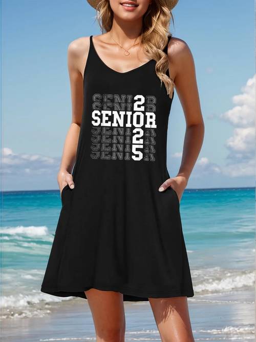 class of 2025 senior floral print spaghetti suspender dress for women elegant v neck graduation dress machine washable lightweight black white graduation gown alternative for spring summer fall casual beachwear sophisticated beachwear nontransparent fabric