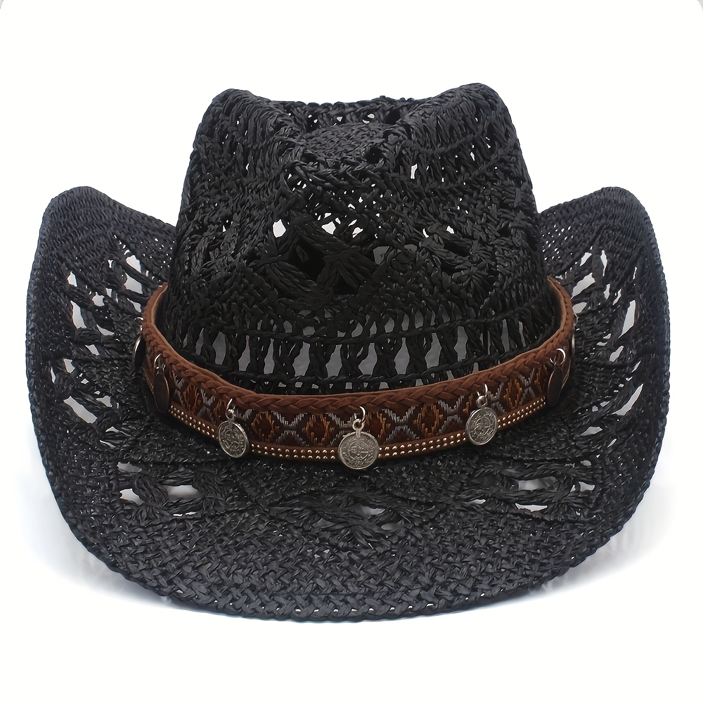 TEMU 1pc Unisex Vintage Decorative Accessory Panama Hat, Hand- Paper Braided Western Cowboy Hat For Outdoor , Mountaineering, Skiing, And Jazz Hat