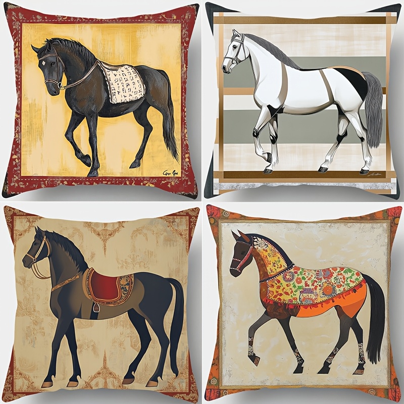 TEMU 4pz Federe per Cuscini con Cornice Fotografica a Tema Cavallo Retro, 17.72" x 17.72", Chiusura con Cerniera, Lavabili in Lavatrice, Poliestere,