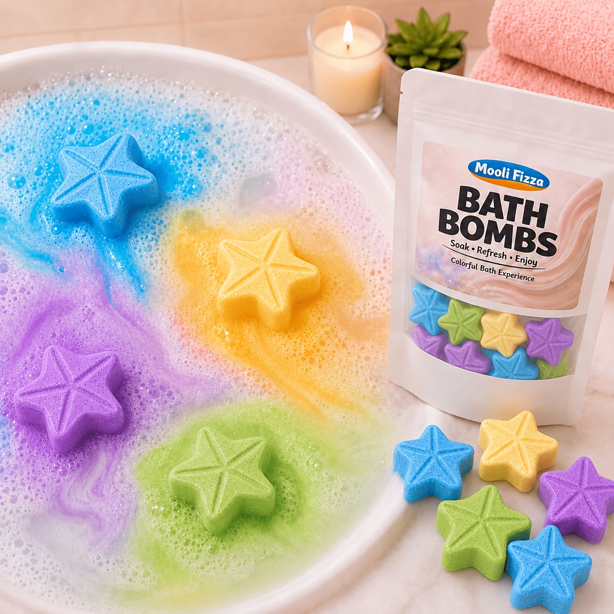 14pcs Star Bath Bombs, Eucalyptus Lemon Lavender Mint Scents