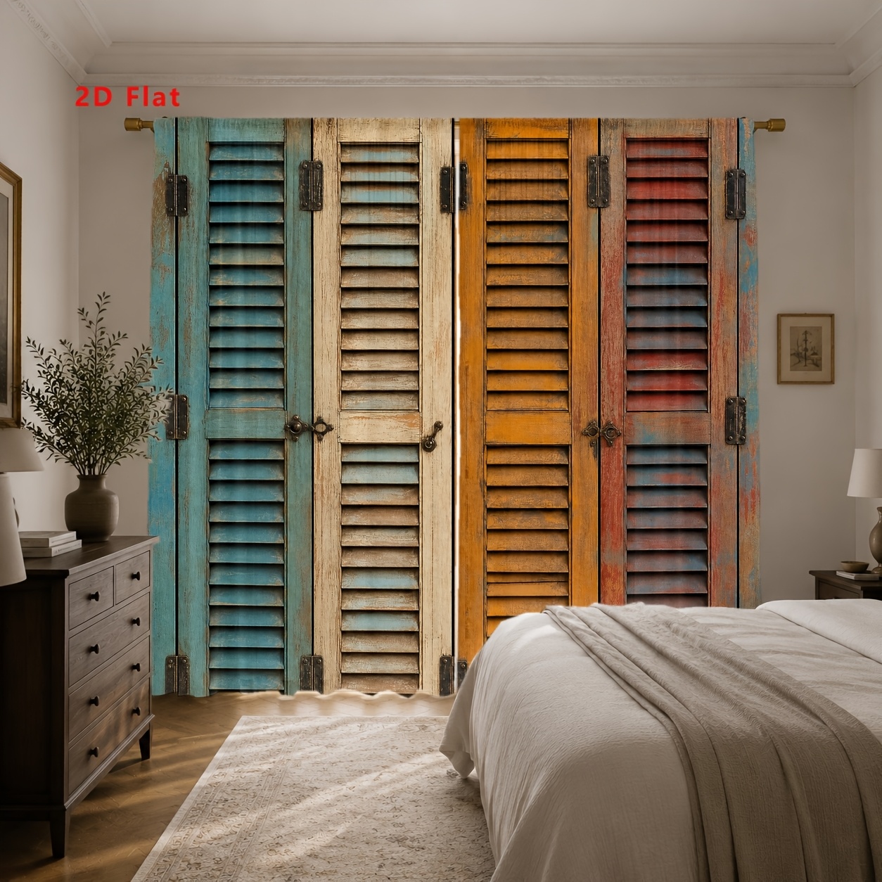 Image of 2d Flat - 2d Flat 2pcs Vintage Shutter Pattern Light Filtering Curtains, For Bedroom Living Room Kitchen For Home Decor