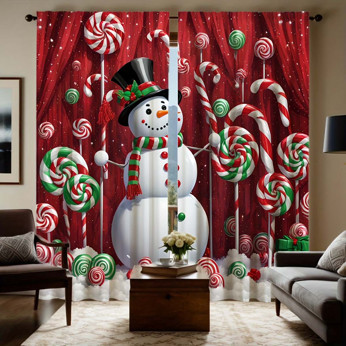 

2pcs Set Christmas Snowman & Curtains - , Rod For & Bedroom Decor