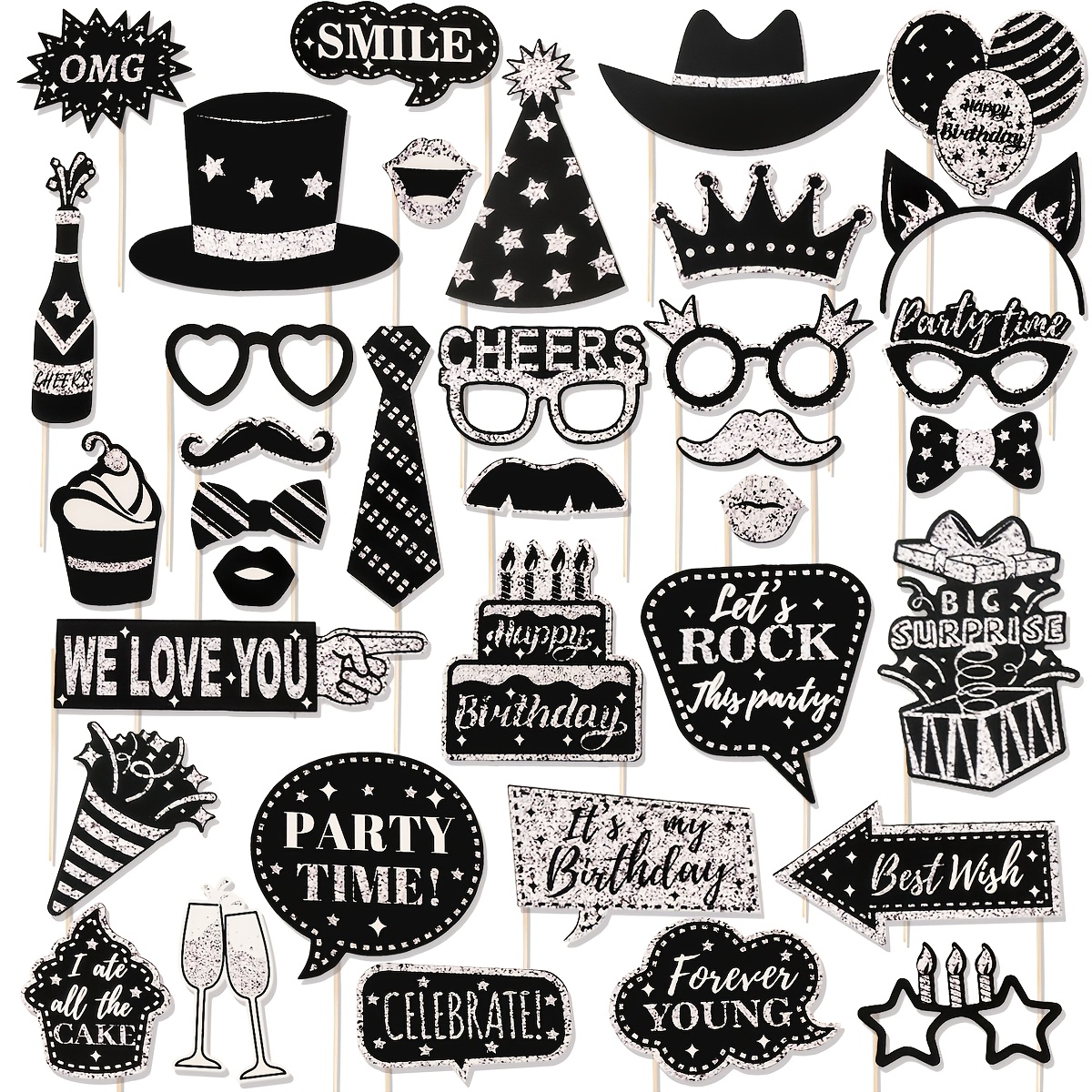 Image of 32pcs Birthday Photo Props Set In Silvery And Rose Golden, Designed To Create A Party Atmosphere With Paper Photo Additions