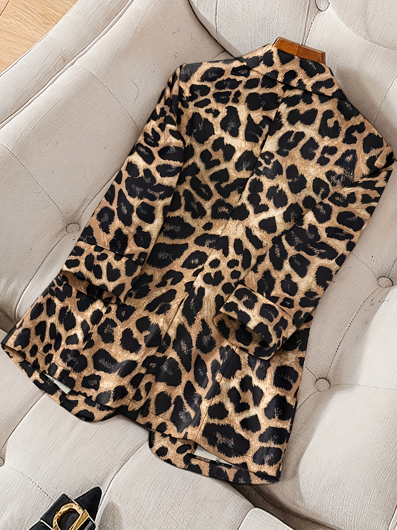 Women'S Leopard Print Long Sleeve Casual Workwear Jacket with Pockets,  Black White Striped Design, Polyester, Fall/*