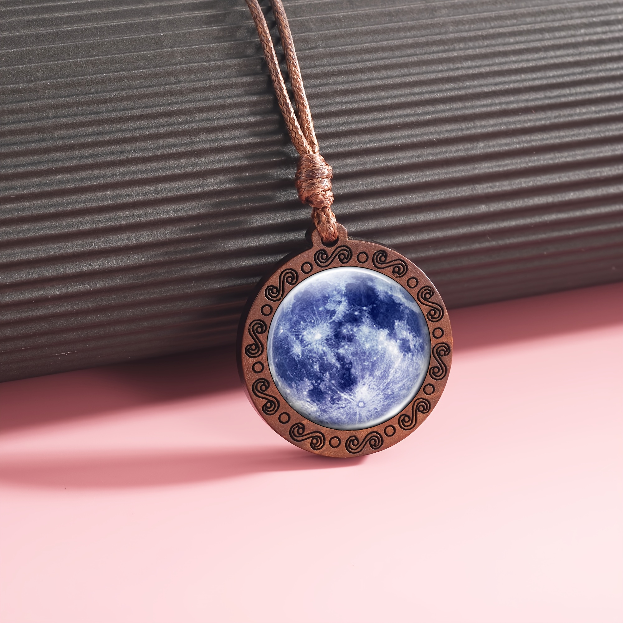 Handcrafted Blue Moon Surface Wooden Pendant Necklace