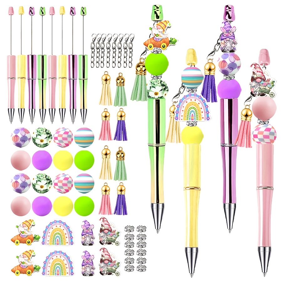 

60pcs Easter Craft Ballpoint Pen Kit - Bunny, & With Beads, Silicone Charms & Tassels - Diy 1mm Ink Pens In Vibrant Colors For Creative , Beaded Pen Supplies