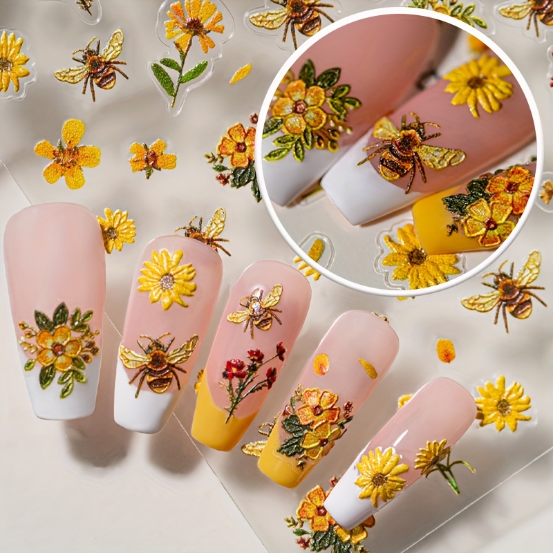 

1pc Embossed Bee & Floral Nail Stickers With Yellow & Chrysanthemums - Cute 3d Self-adhesive Decals For Diy Nail Art, , Women And Girls, Nail Art Stickers