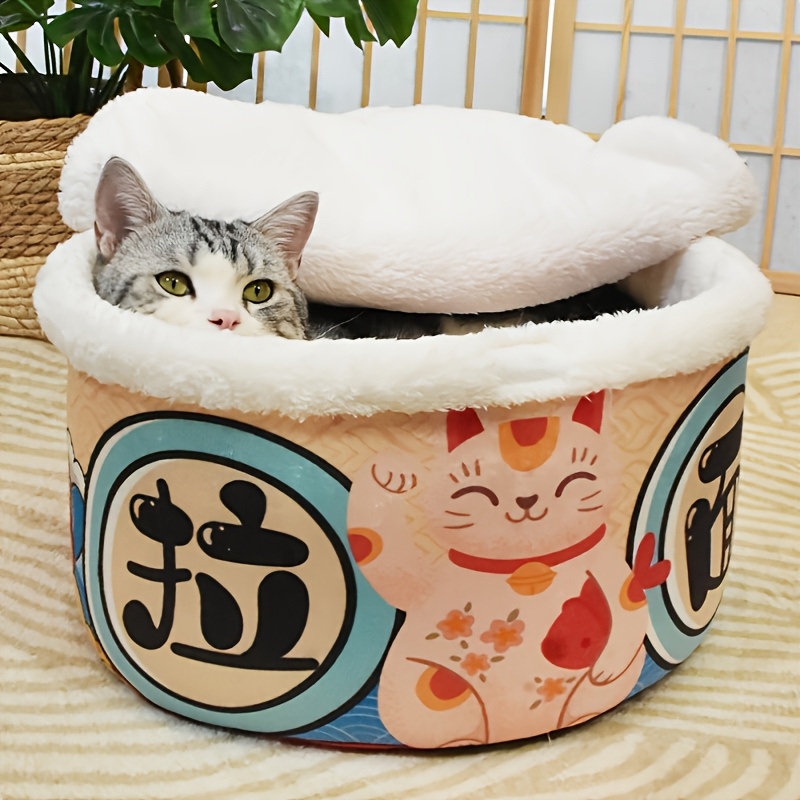 Semi-enclosed Warm Plush Bed, Universal For Japanese-style Nest For Kittens, Cute Ramen Design, Suitable For Kittens And Adult Cats, Portable For Travel