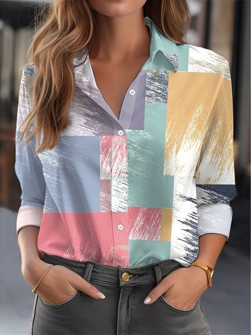 womens casual geometric color printed shirt short sleeve button up with classic collar machine washable spring summer commuting dating essential trendy versatile top smooth texture fabric everyday top stylish blouse blouse professionals