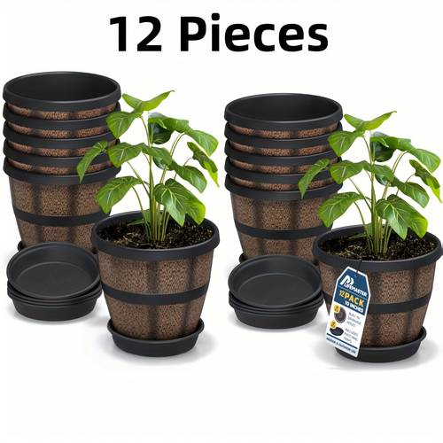 6 12pcs retro whiskey planter set plastic garden pots with drainage holes trays weatherproof for indoor outdoor patio balcony ideal for herbs succulents flowers ideal for housewarming christmas halloween gift brown