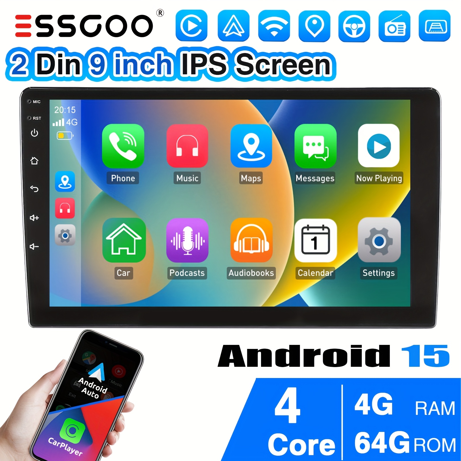 TEMU Essgoo 9-inch 15 Car Stereo For Cars | 4gb For 64gb Rom 2din Universal | Wireless Carplayer & Auto | Built-in Wifi Wireless 4.1 | Fm Rds Radio |