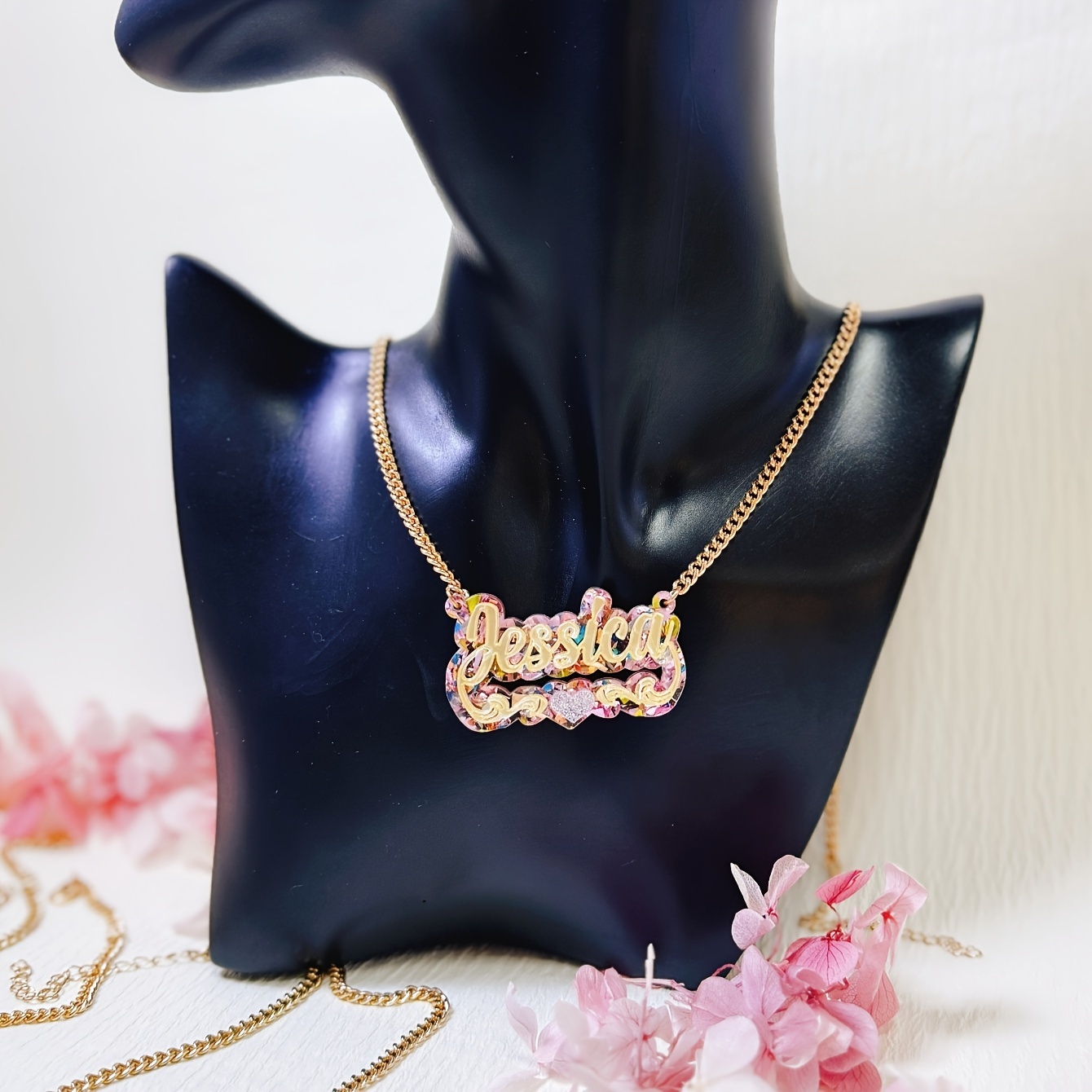 TEMU 1pc Customizable Acrylic Glitter Name Necklace With Adjustable Chain - Personalized Initials Jewelry Gift For Women, , Heart Accents, Sparkling