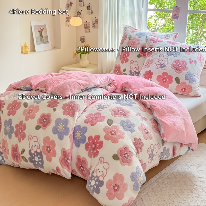 Image of Plush Warm Bedding 2/4pcs, 1/2 Duvet Cover 135×200cm + 1/2 Pillowcase 80×80cm, Soft Flannel Fleece Bed Set, Cozy Thermal Warm Bed Covers, Home Bedroom Decor Bed Sheet Set - Inserts Not Included
