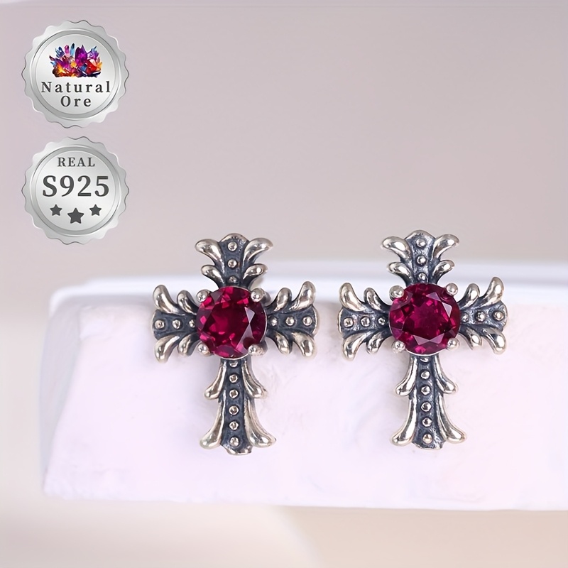 Women's S925 Silver Earrings with Red Garnet, Gothic Cross Design