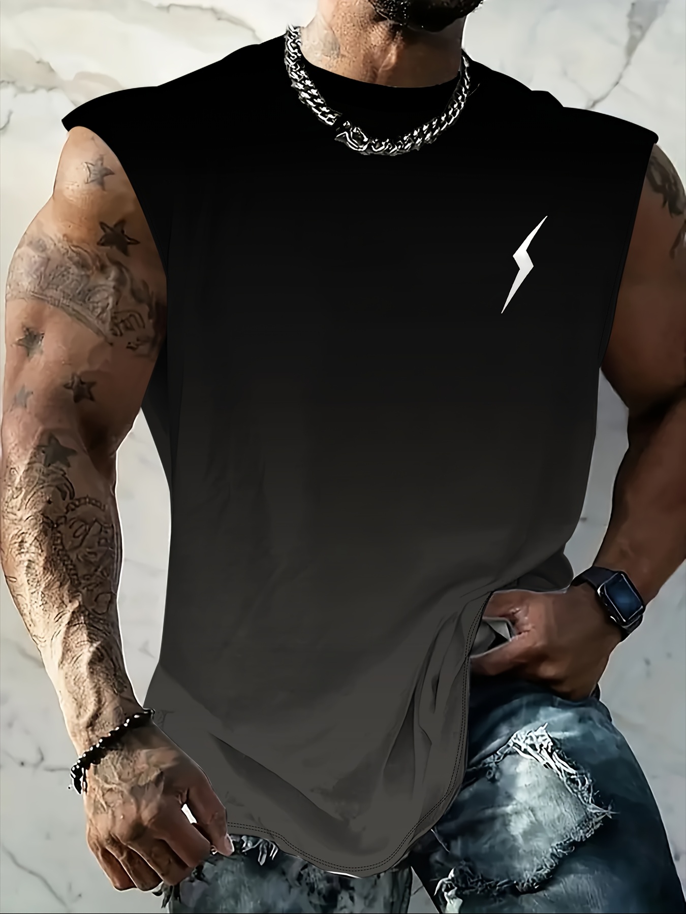 Men's Plus Size Gradient Print Tank Top - Breathable Sleeveless Shirt for Summer Fitness, Casual Wear, and Sports - Black to Blue Lightning Bolt Design, Summer Fitness Apparel | Round Neckline Shirt | Polyester Spandex Blend, Summer Tank Tops, PLUS SIZE