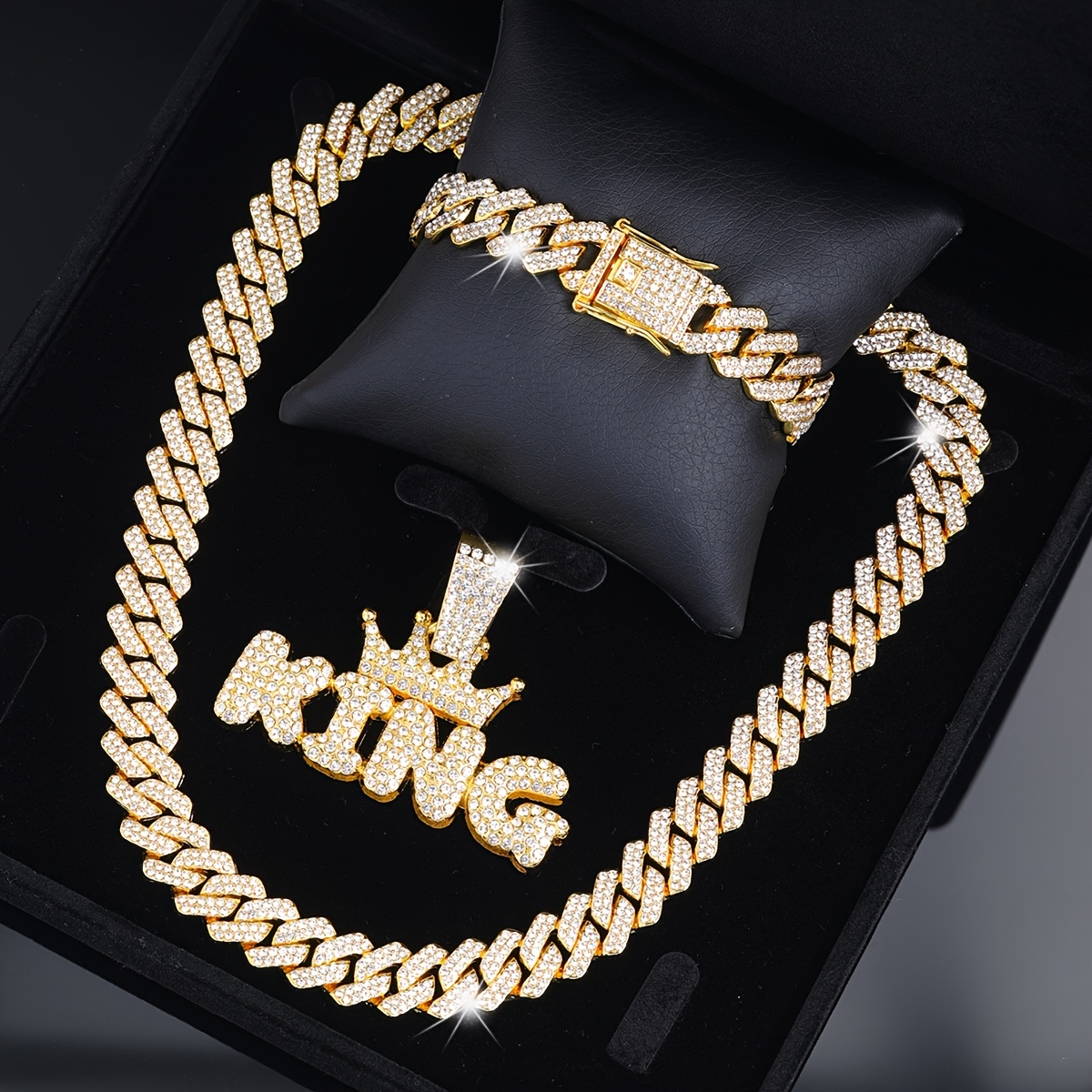 TEMU 3pcs/Set Miami Cuban Link Chaîne Collier/Bracelet/Pendentif, Bijoux King'S, Collier Pendentif Lettre Mode Hip Hop, Bijoux Plaqué Or pour Hommes,