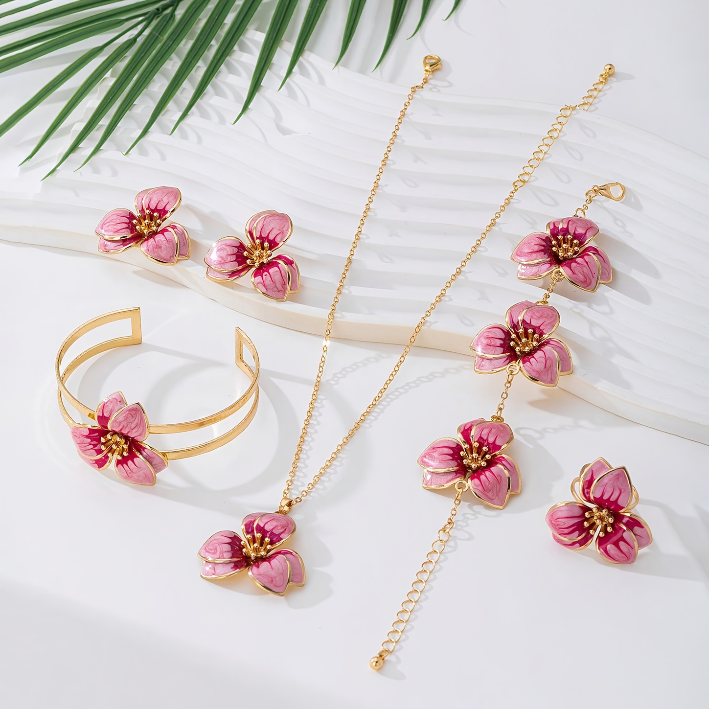 E-shop 1 Sommerurlaub Stil Dopamin Handgefertigter Tropfendes Öl Farbverlauf Halo Gefärbte Rosa Blumenförmige Anhänger Halskette, 1 Paar Ohrstecker, 1